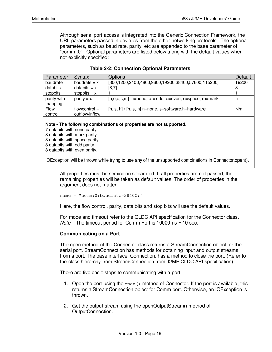 Motorola i88s manual Connection Optional Parameters, Communicating on a Port 