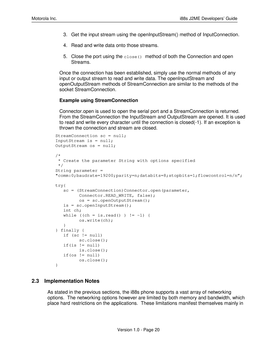 Motorola i88s manual Implementation Notes, Example using StreamConnection 