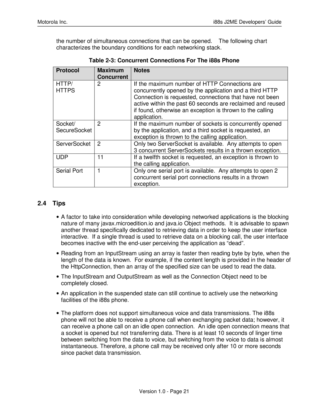 Motorola manual Tips, Concurrent Connections For The i88s Phone Protocol Maximum 