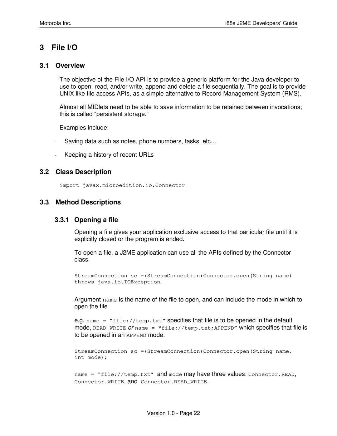 Motorola i88s manual File I/O, Class Description, Method Descriptions Opening a file 