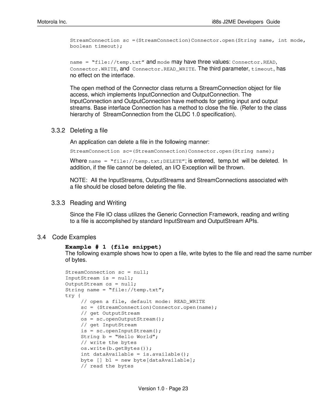 Motorola i88s manual Deleting a file, Reading and Writing, Code Examples 