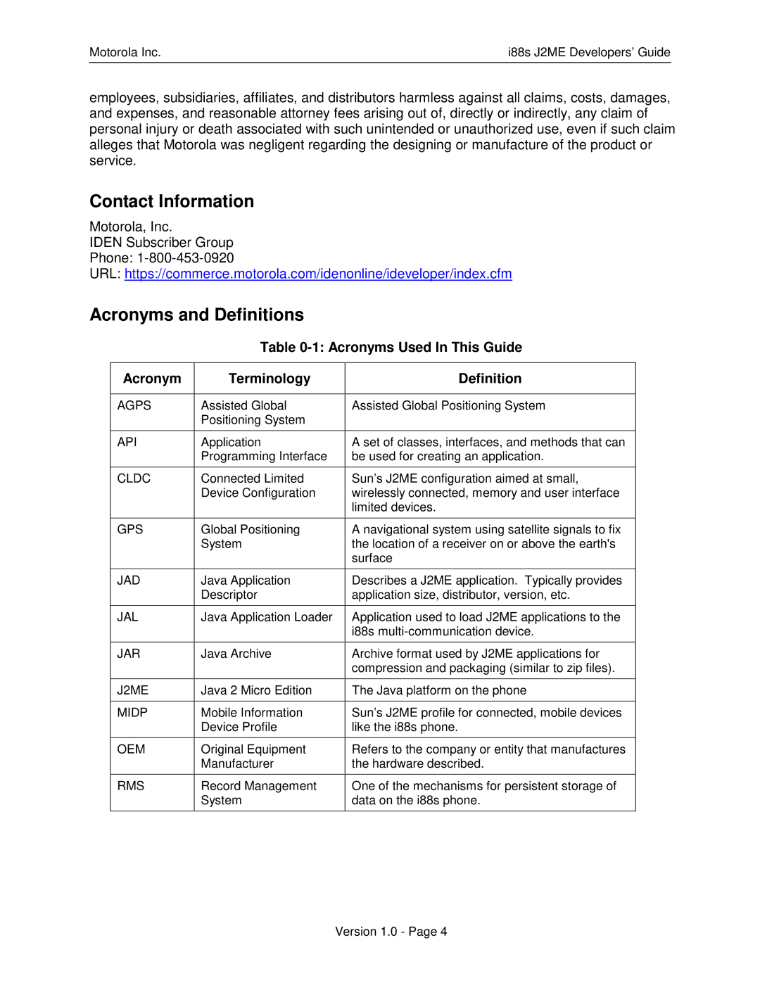 Motorola i88s manual Contact Information, Acronyms and Definitions, Acronyms Used In This Guide Terminology Definition 