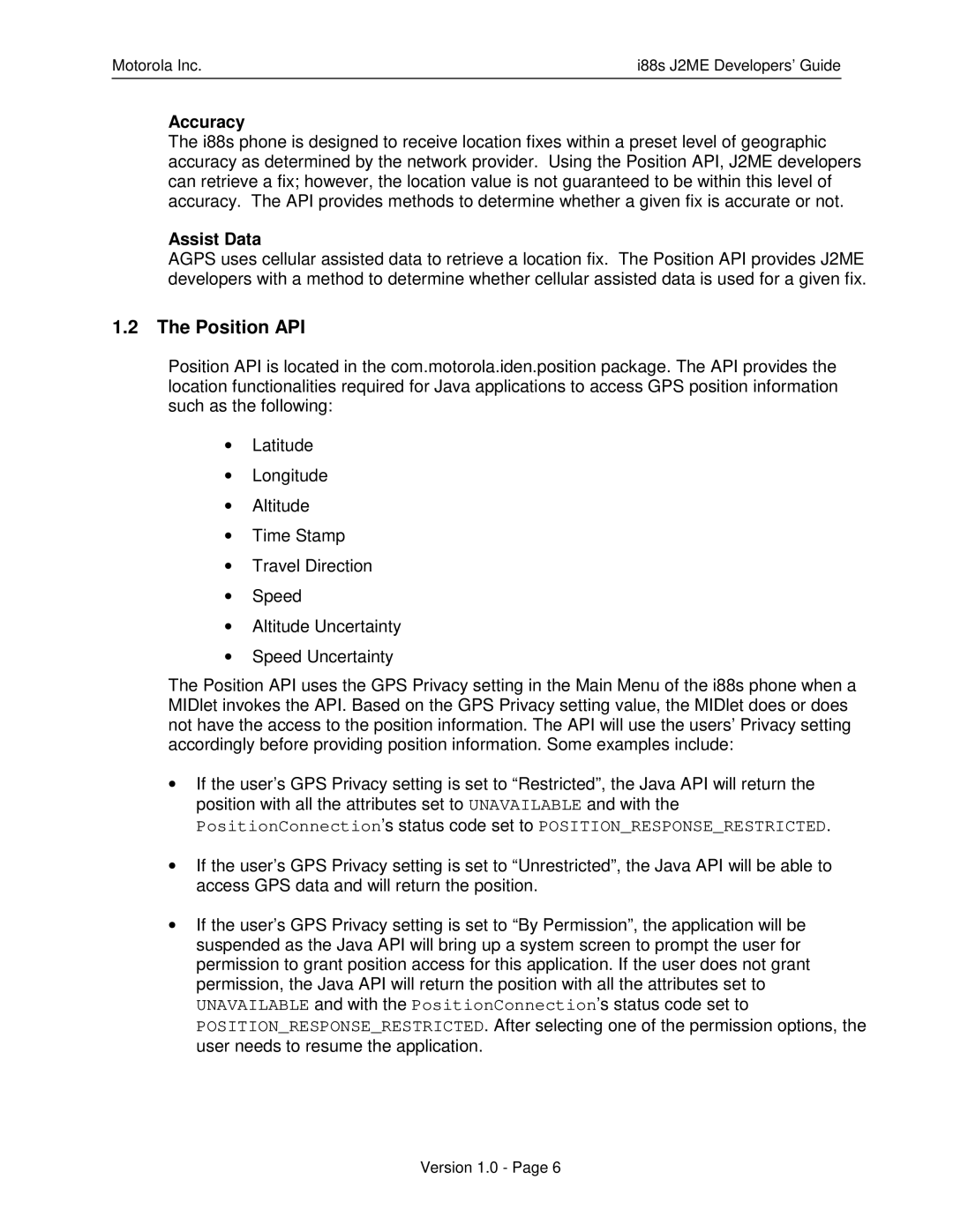 Motorola i88s manual Position API, Accuracy, Assist Data 