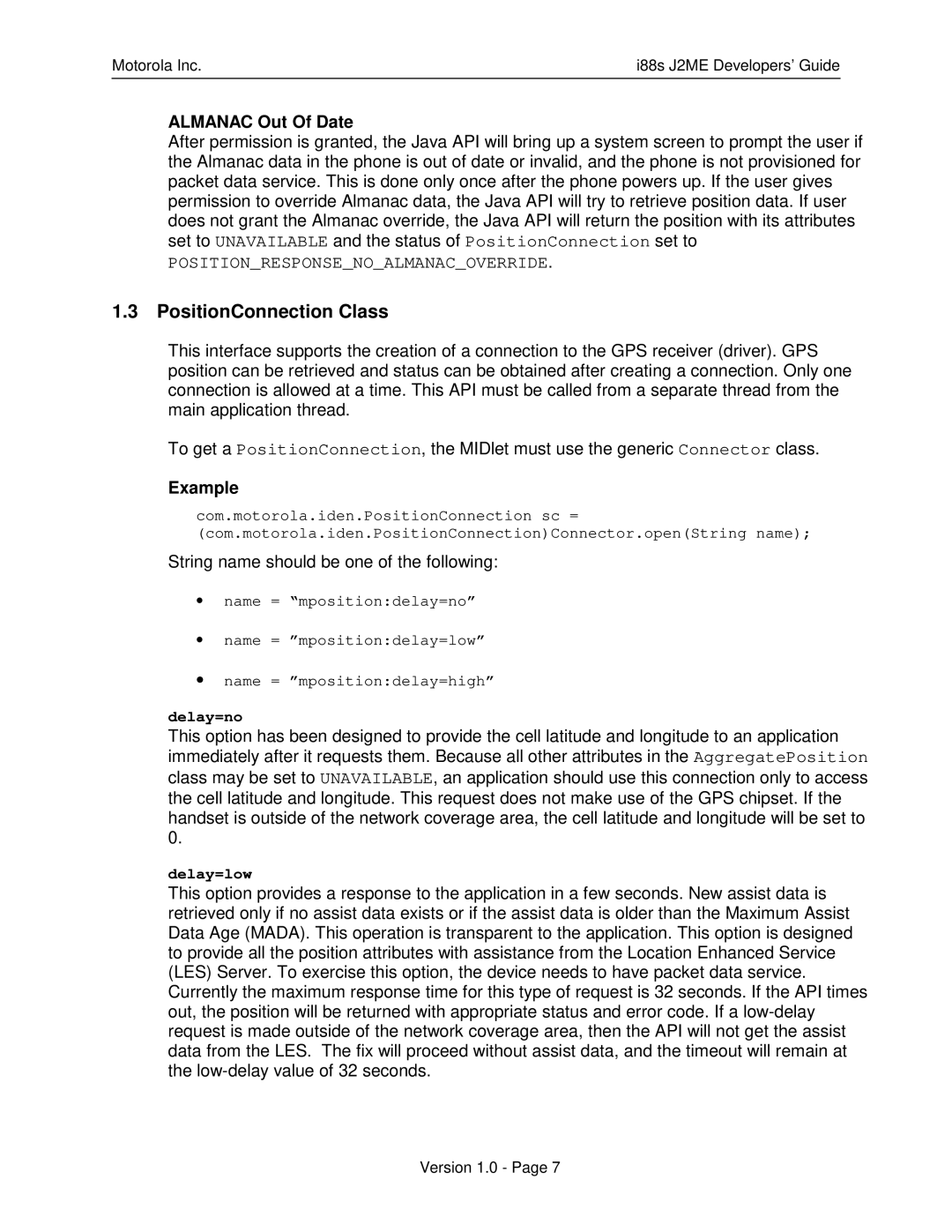 Motorola i88s manual PositionConnection Class, Almanac Out Of Date, Example 