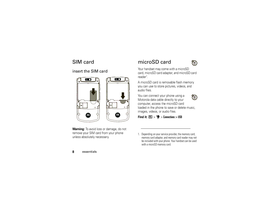 Motorola I890 manual MicroSD card, Insert the SIM card, Find it / u Connections USB 