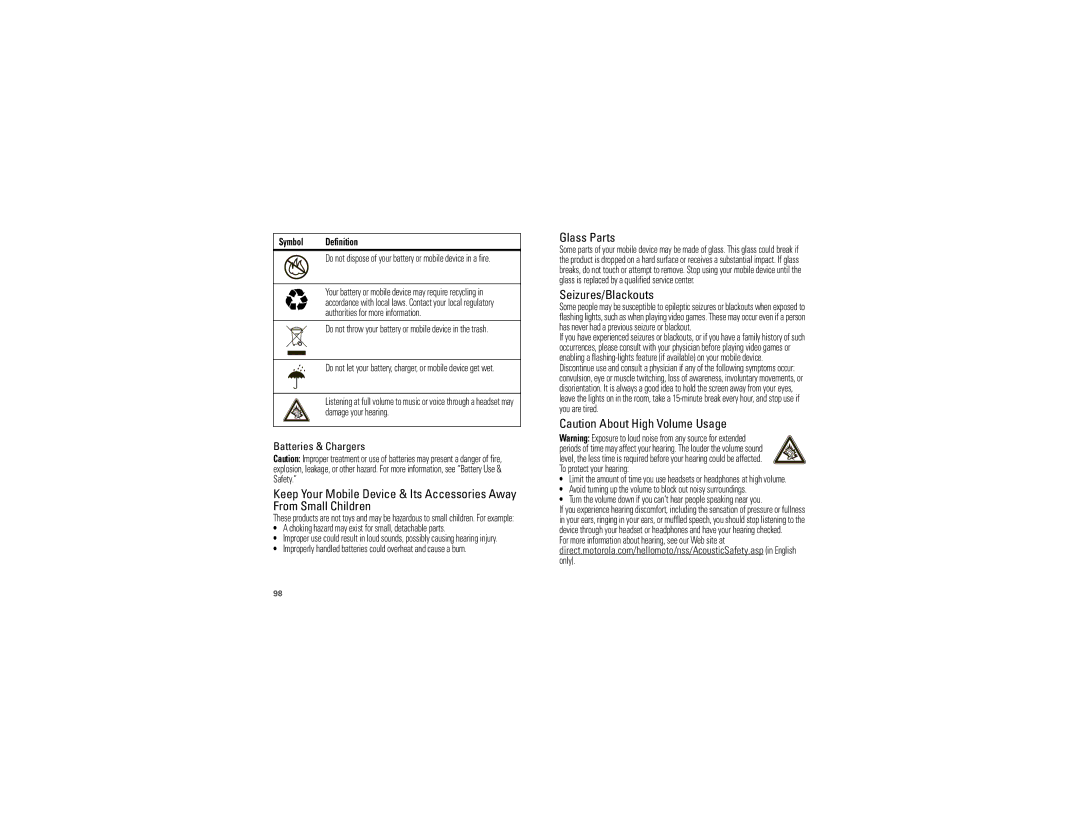 Motorola I890 manual Glass Parts, Seizures/Blackouts 