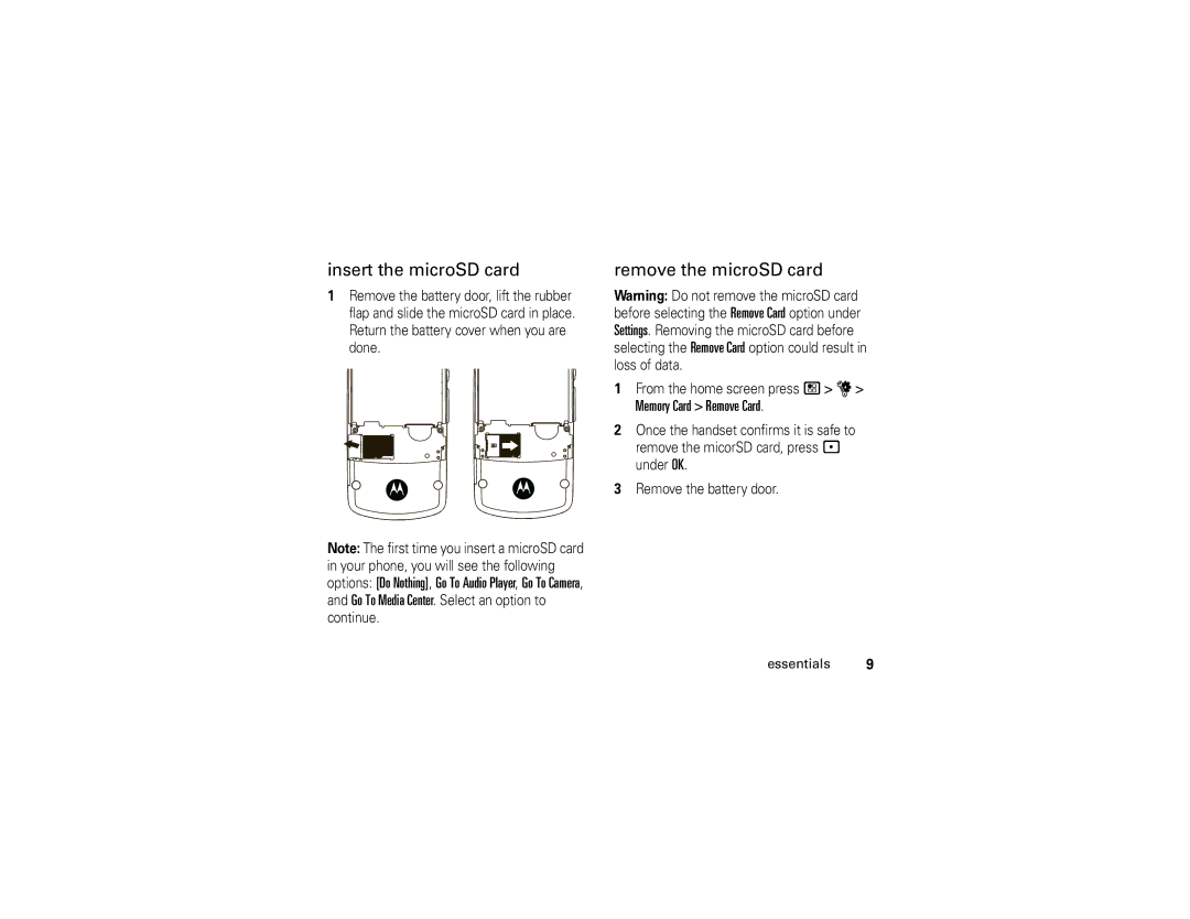 Motorola I890 Insert the microSD card, Remove the microSD card, Memory Card Remove Card, From the home screen press / u 