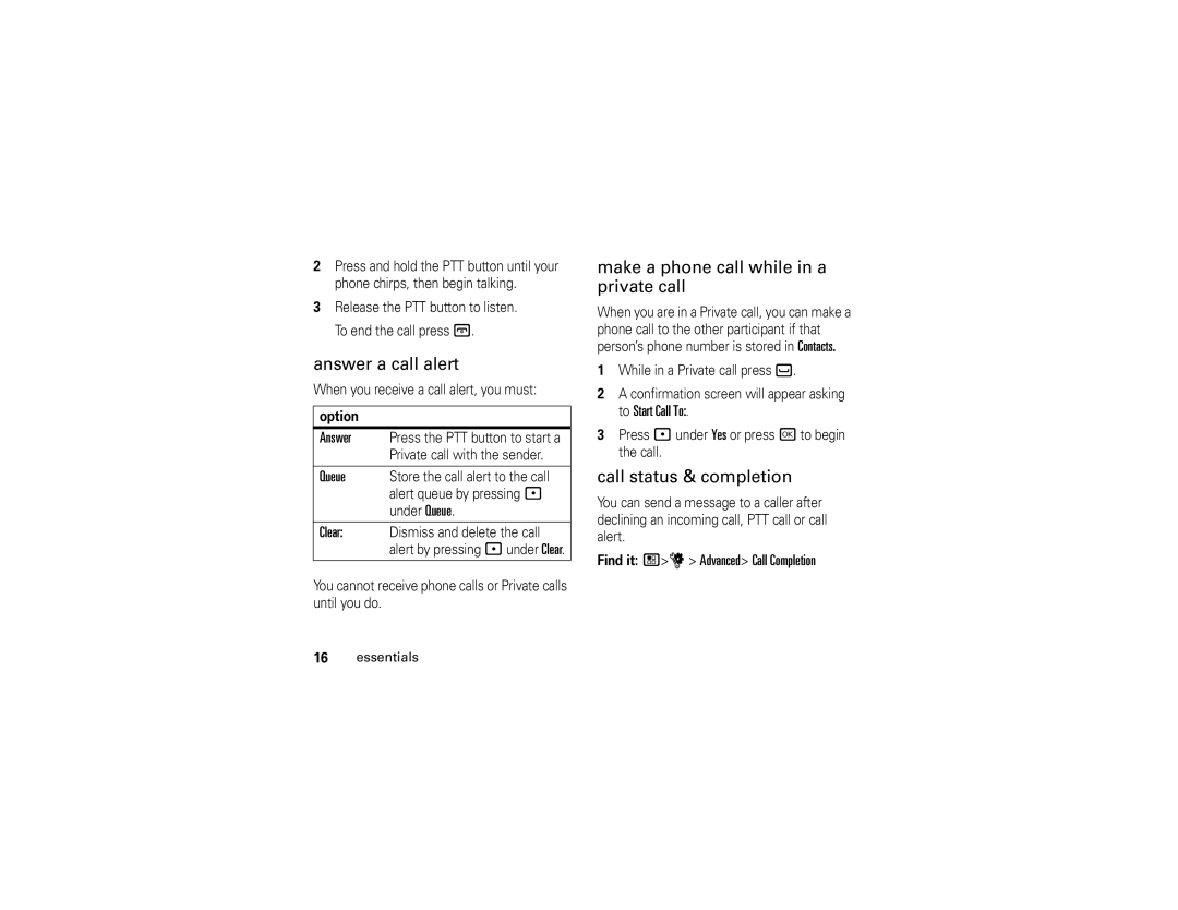 Motorola I890 manual Answer a call alert, Make a phone call while in a private call, Call status & completion 