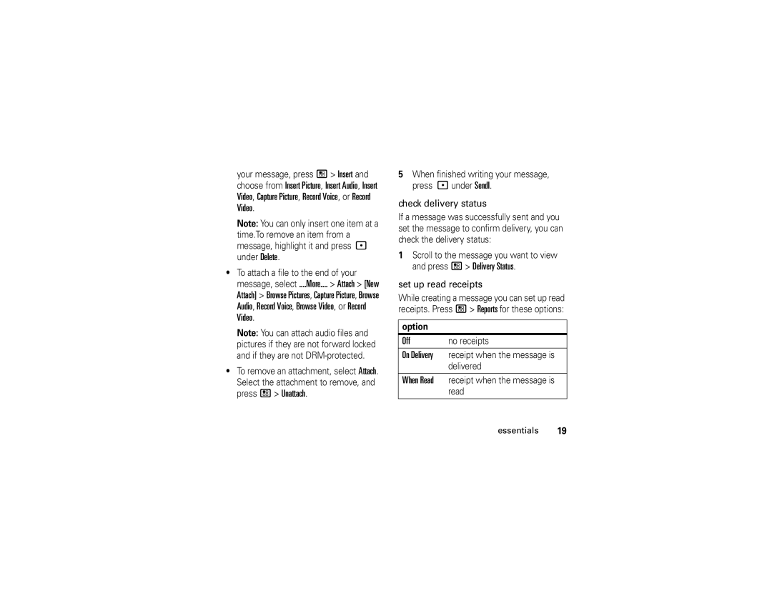 Motorola I890 manual Off, Option 