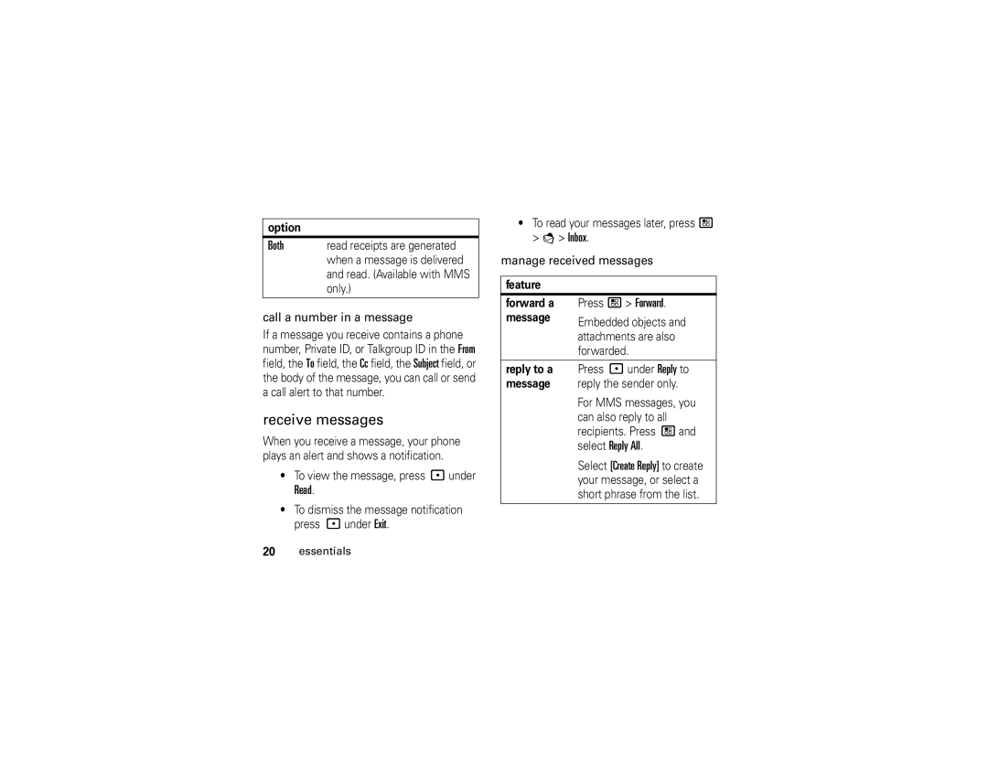 Motorola I890 manual Receive messages, Both, Read, Feature Forward a Press / Forward 