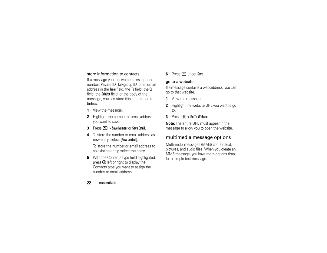 Motorola I890 manual Multimedia message options, Press / Save Number or Save Email, Press / Go To Website 
