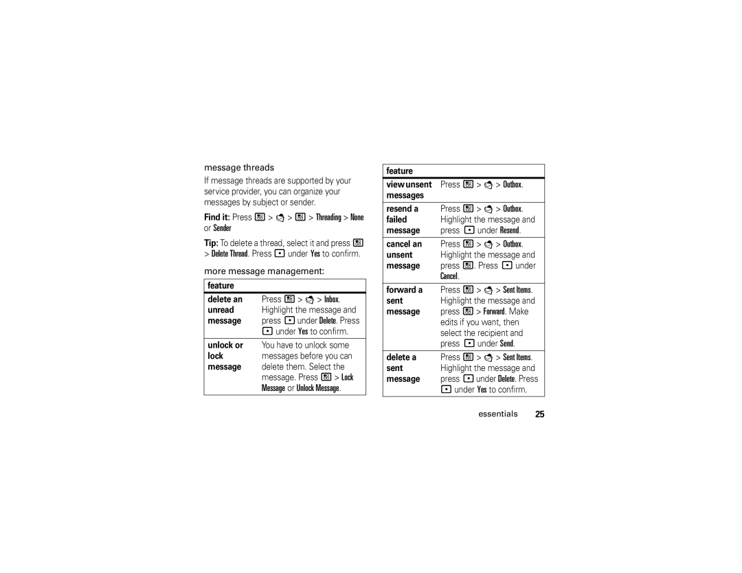 Motorola I890 manual Find it Press / E / Threading None or Sender, Cancel Forward a Press / E Sent Items 