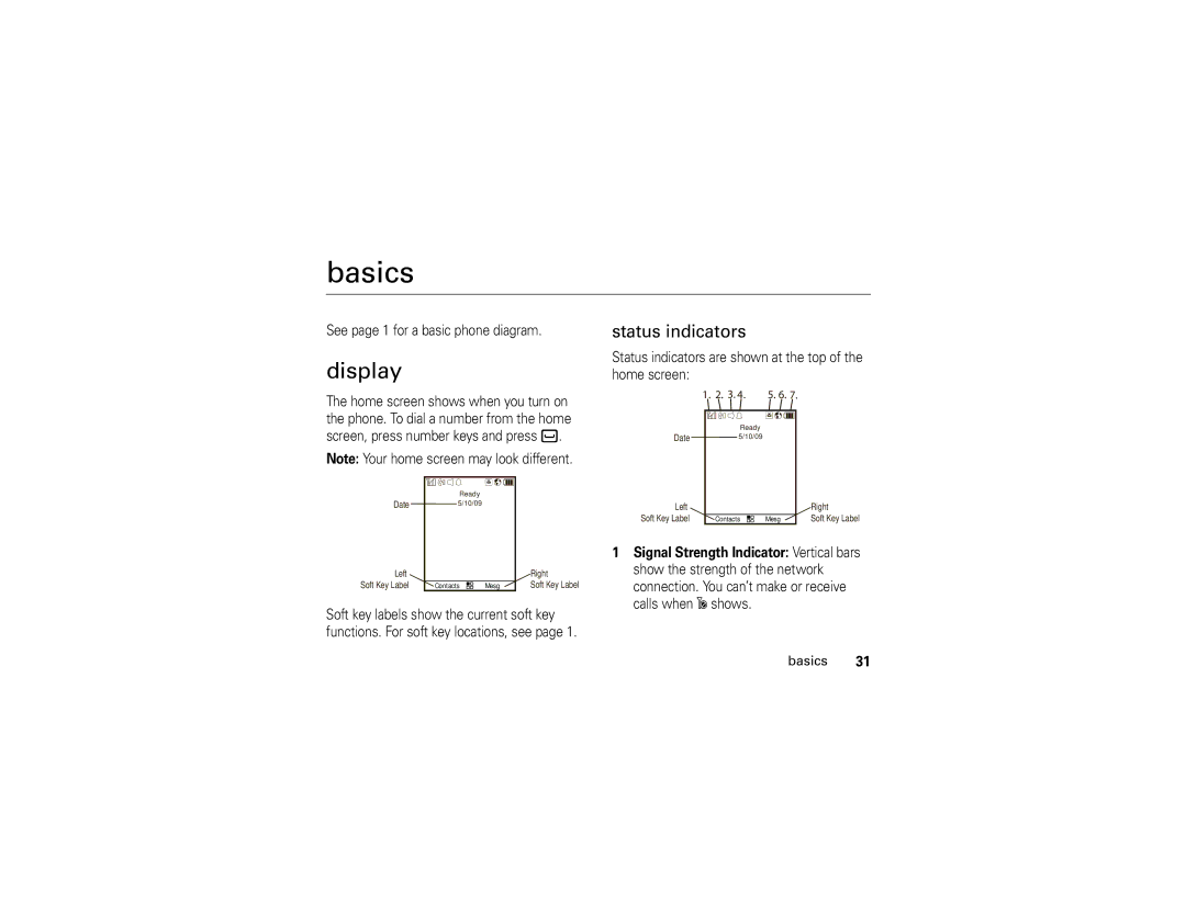 Motorola I890 manual Display, Status indicators, See page 1 for a basic phone diagram, Basics 