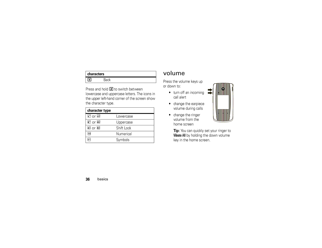 Motorola I890 manual Volume, Or T, Or U, Character type 