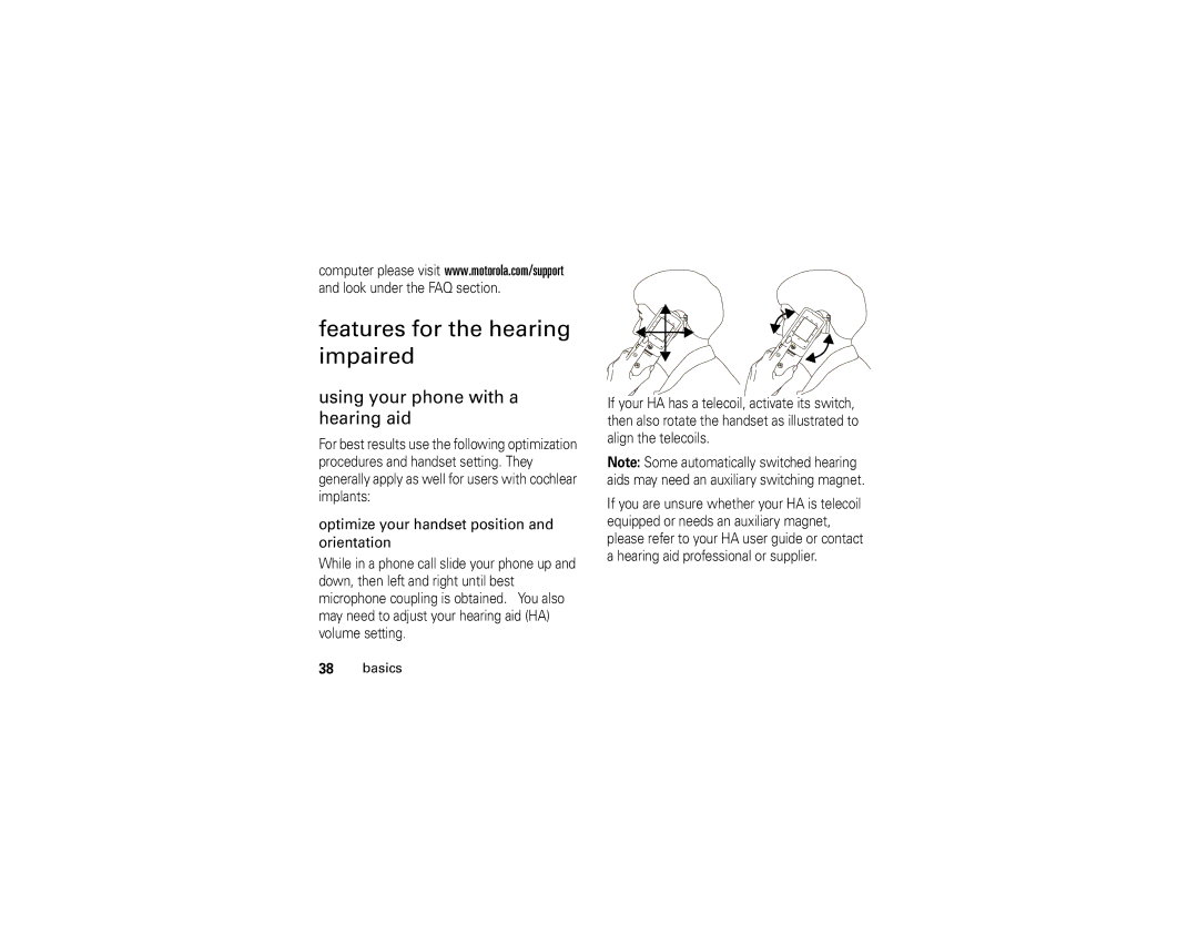 Motorola I890 manual Features for the hearing impaired, Using your phone with a hearing aid 