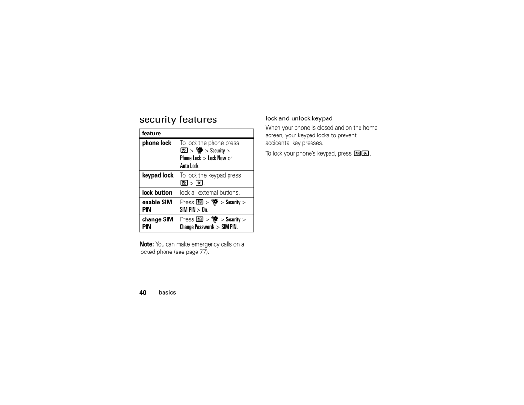 Motorola I890 manual Security features, Auto Lock, SIM PIN On 