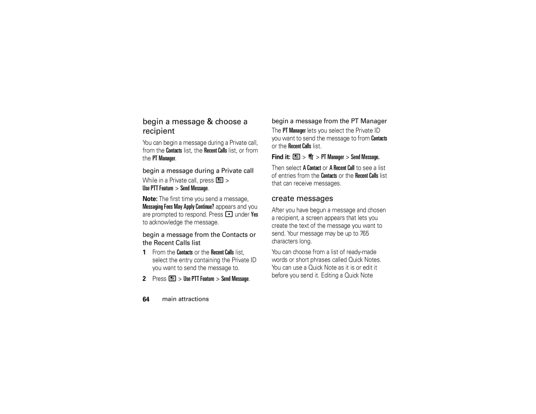 Motorola I890 manual Begin a message & choose a recipient, Create messages, Find it / N PT Manager Send Message 