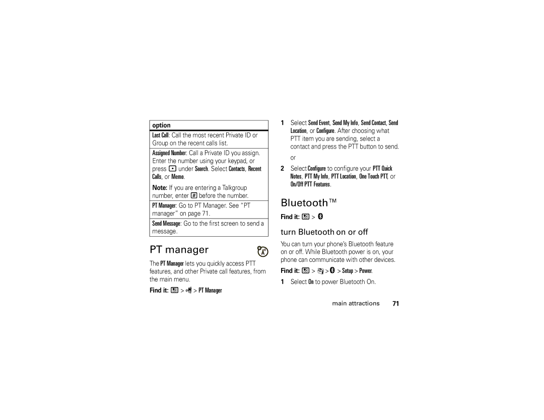 Motorola I890 manual PT manager, Turn Bluetooth on or off, Find it / S PT Manager, Find it / C c Setup Power 