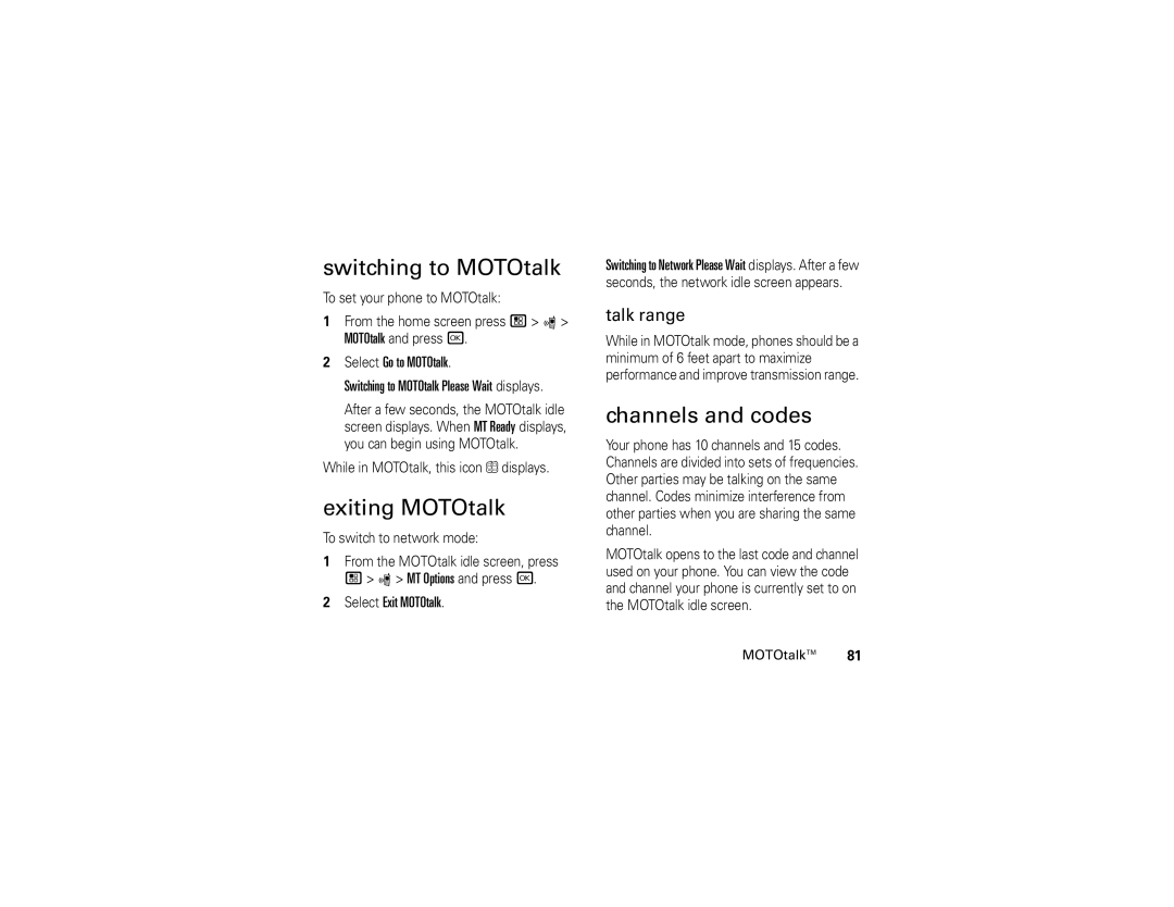 Motorola I890 manual Switching to MOTOtalk, Exiting MOTOtalk, Channels and codes, Talk range 