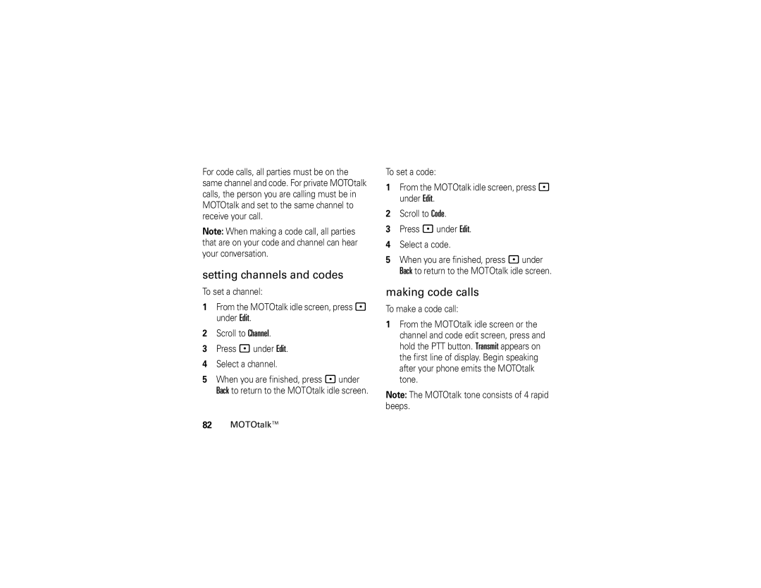 Motorola I890 manual Setting channels and codes, Making code calls 