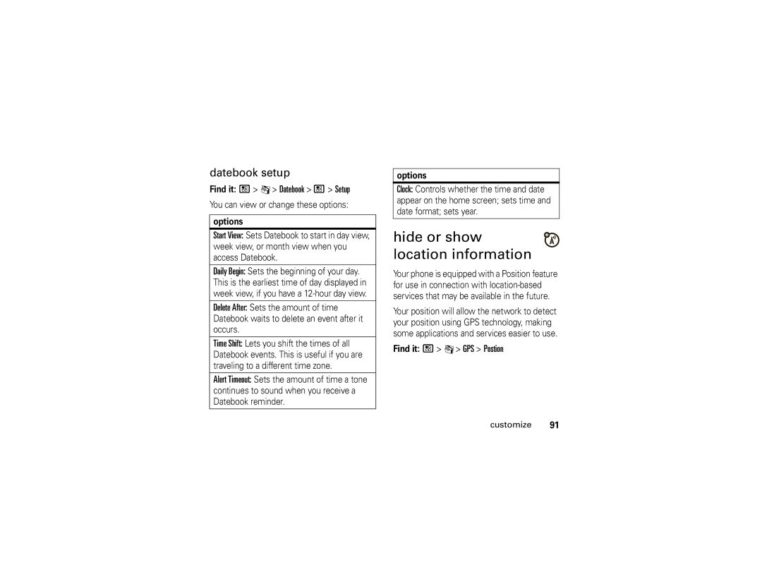 Motorola I890 Hide or show location information, Datebook setup, Find it / C Datebook / Setup, Find it / C GPS Postion 