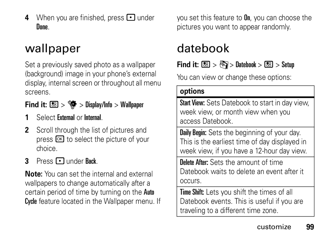 Motorola i9 manual Wallpaper, Datebook, Options 