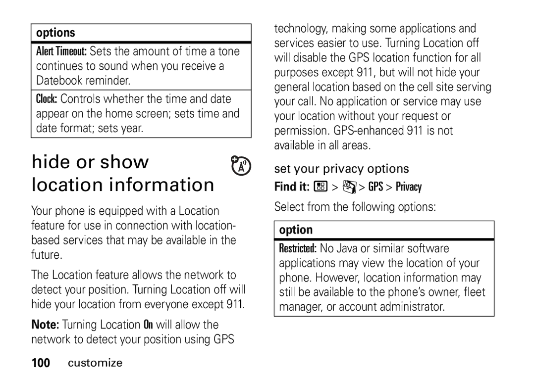 Motorola i9 manual Hide or show location information, Option 