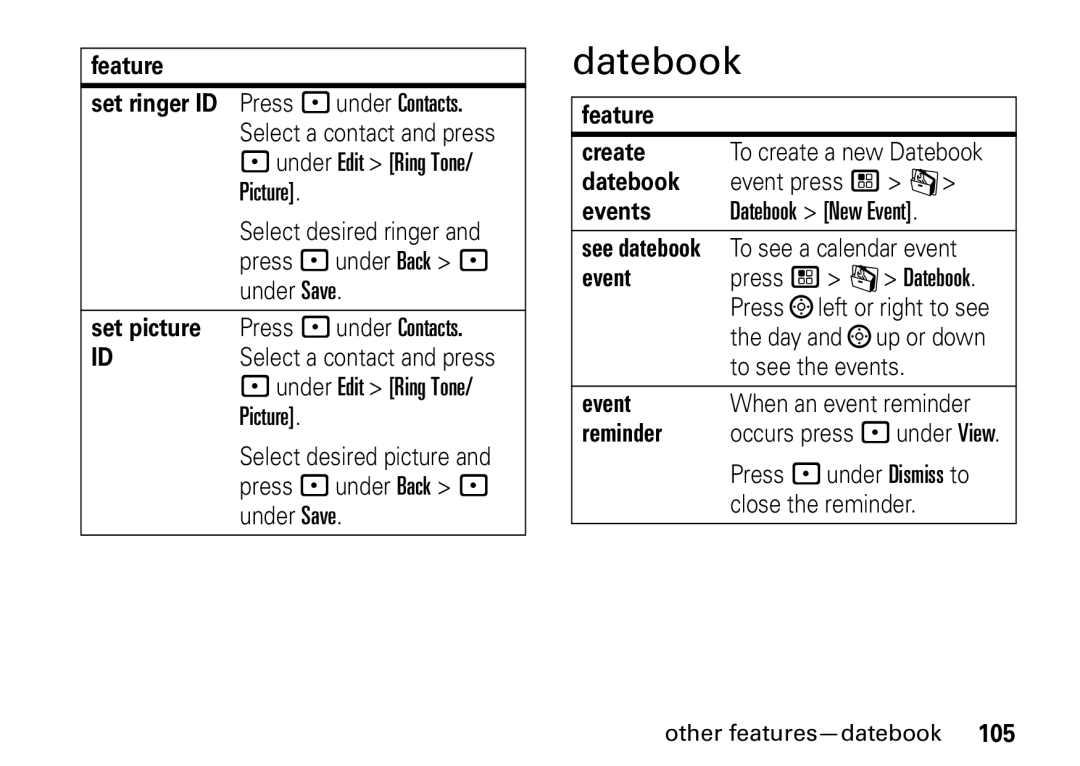 Motorola i9 manual Set picture, Feature Create, Datebook, Events, Reminder 