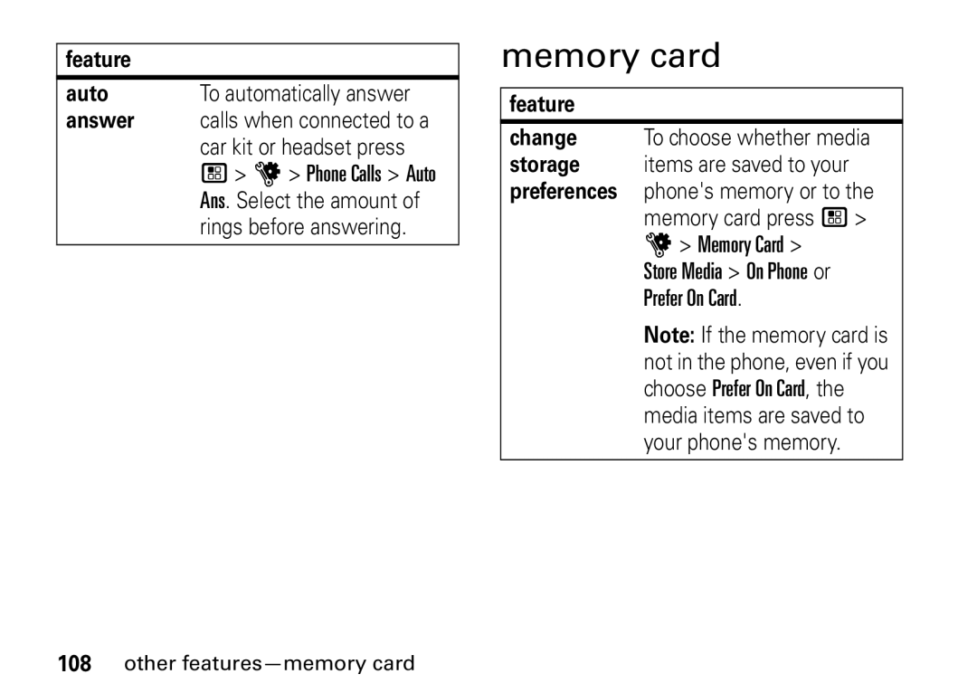 Motorola i9 manual Feature Auto, Rings before answering, Change To choose whether media 