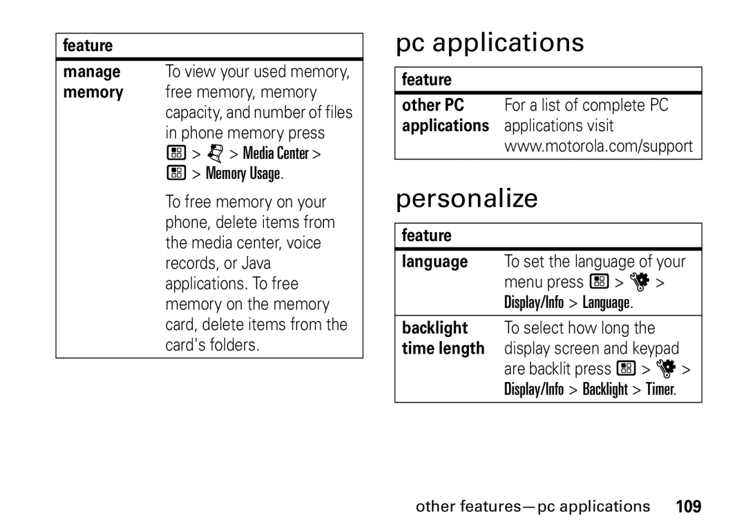 Motorola i9 manual Pc applications, Personalize, Manage To view your used memory, Other features-pc applications 