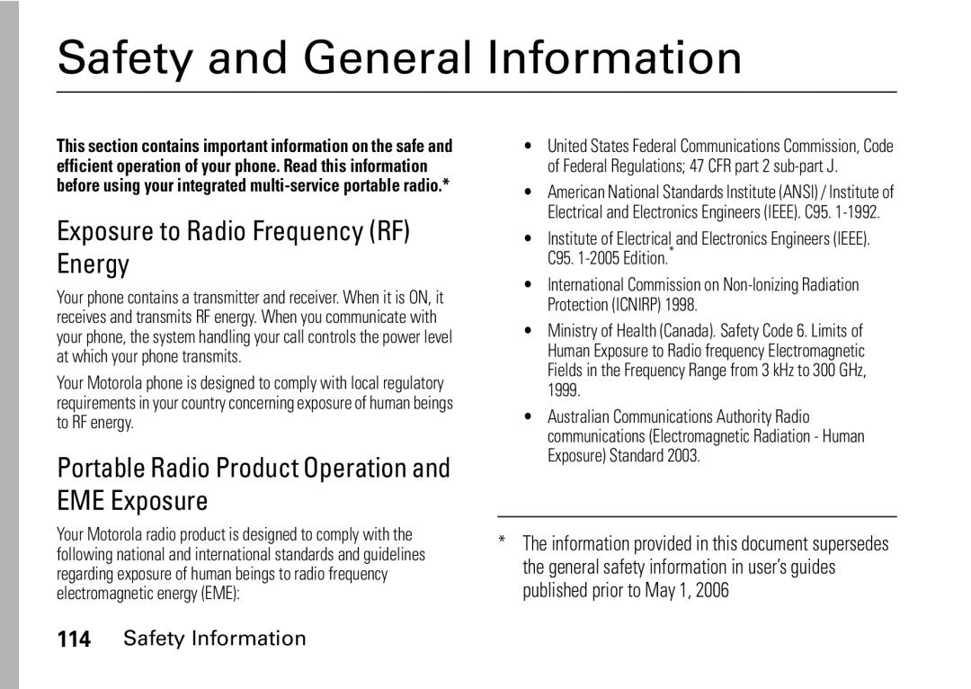 Motorola i9 manual Safety and General Information, Exposure to Radio Frequency RF Energy, Safety Information 