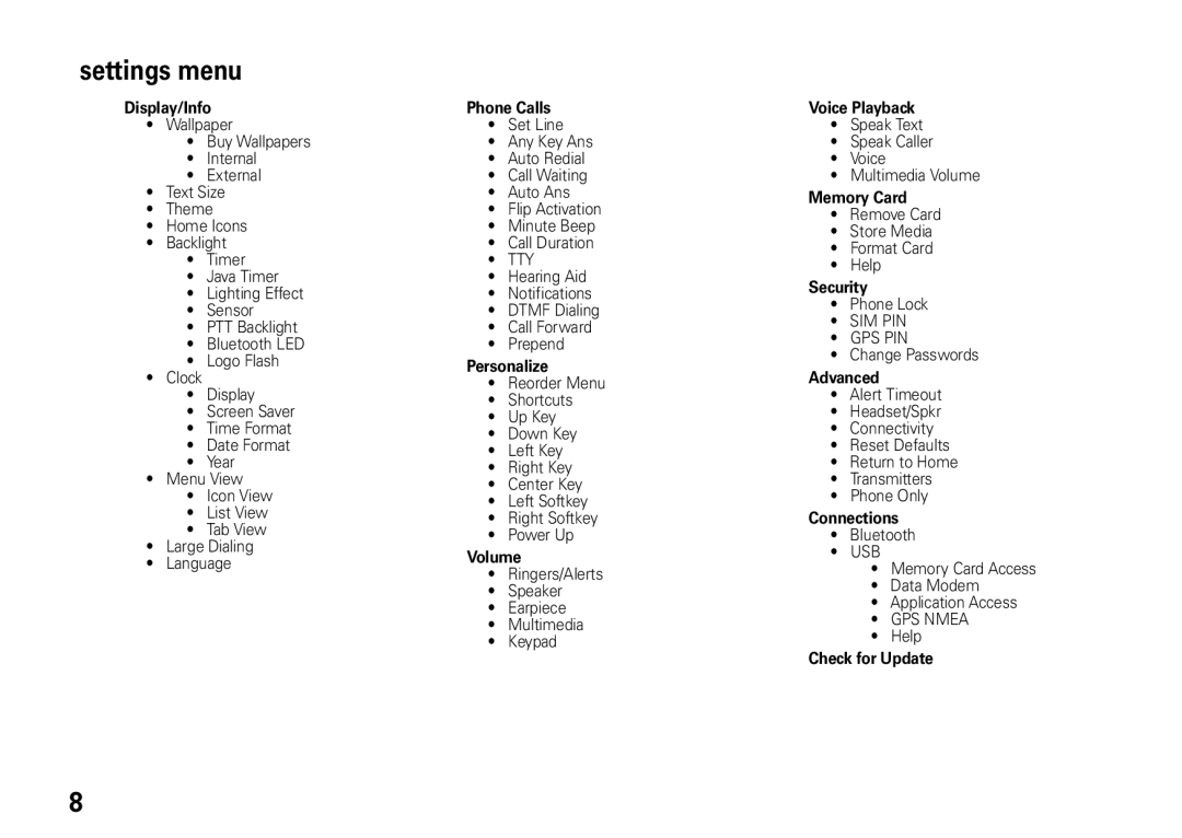 Motorola i9 manual Settings menu, Display/Info Phone Calls Voice Playback 