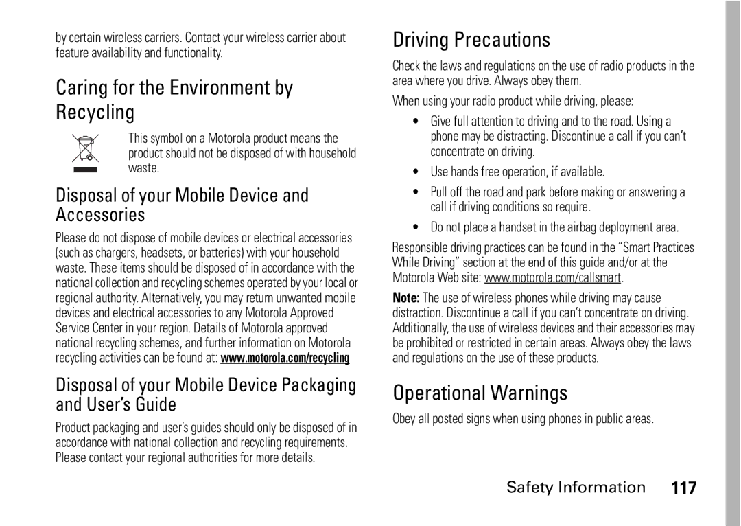 Motorola i9 manual Caring for the Environment by Recycling, Driving Precautions, Operational Warnings 