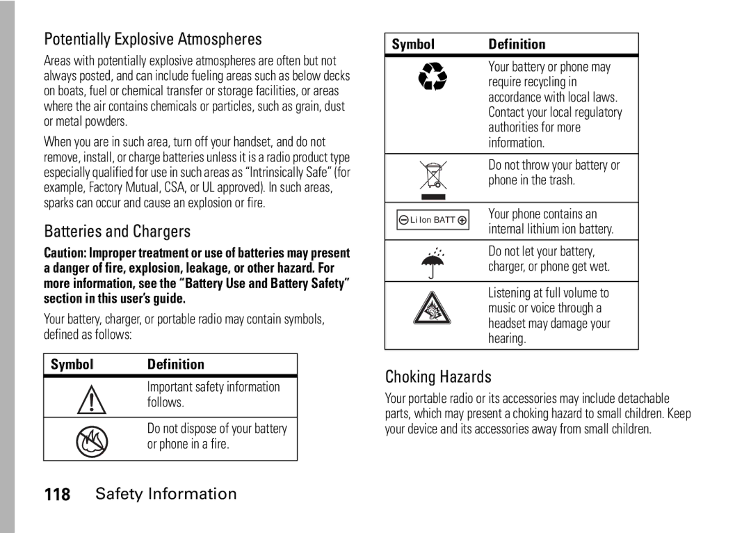 Motorola i9 manual Potentially Explosive Atmospheres, Batteries and Chargers, Choking Hazards 