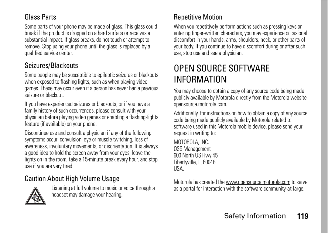 Motorola i9 manual Glass Parts, Seizures/Blackouts, Repetitive Motion 