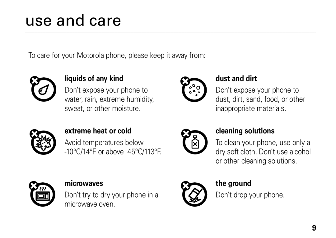 Motorola i9 manual Use and care 