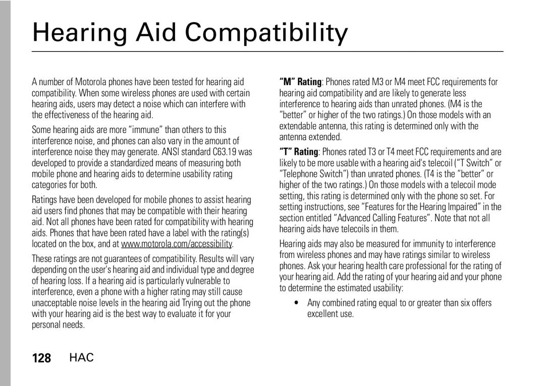 Motorola i9 manual Hearing Aid Compatibility, 128 HAC 