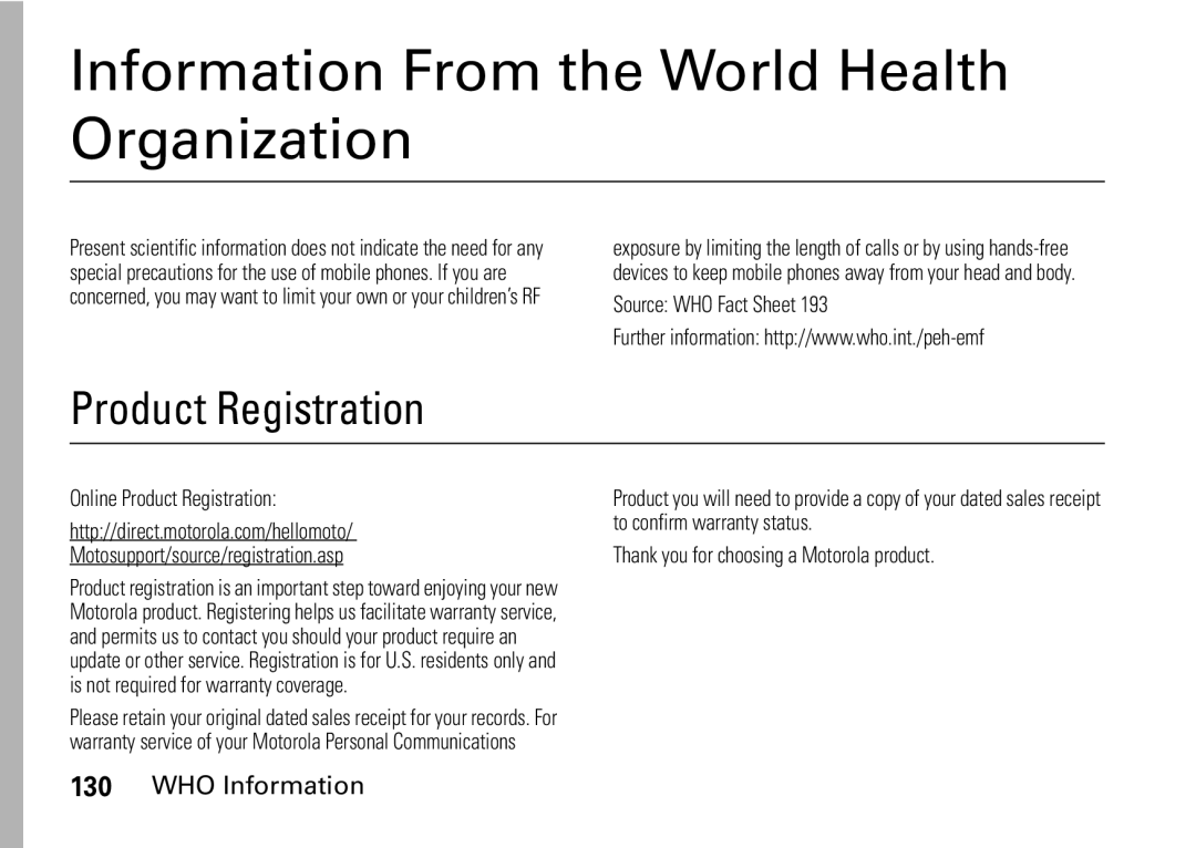 Motorola i9 manual Information From the World Health Organization, WHO Information 