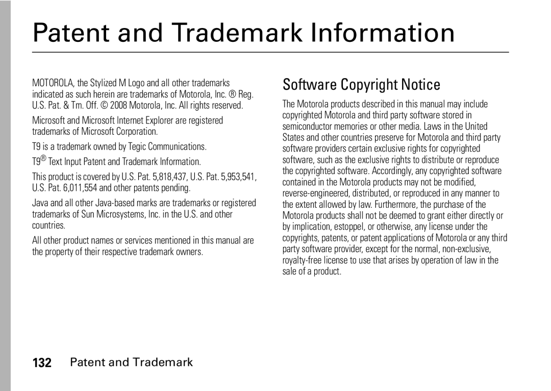 Motorola i9 manual Patent and Trademark Information, Software Copyright Notice 