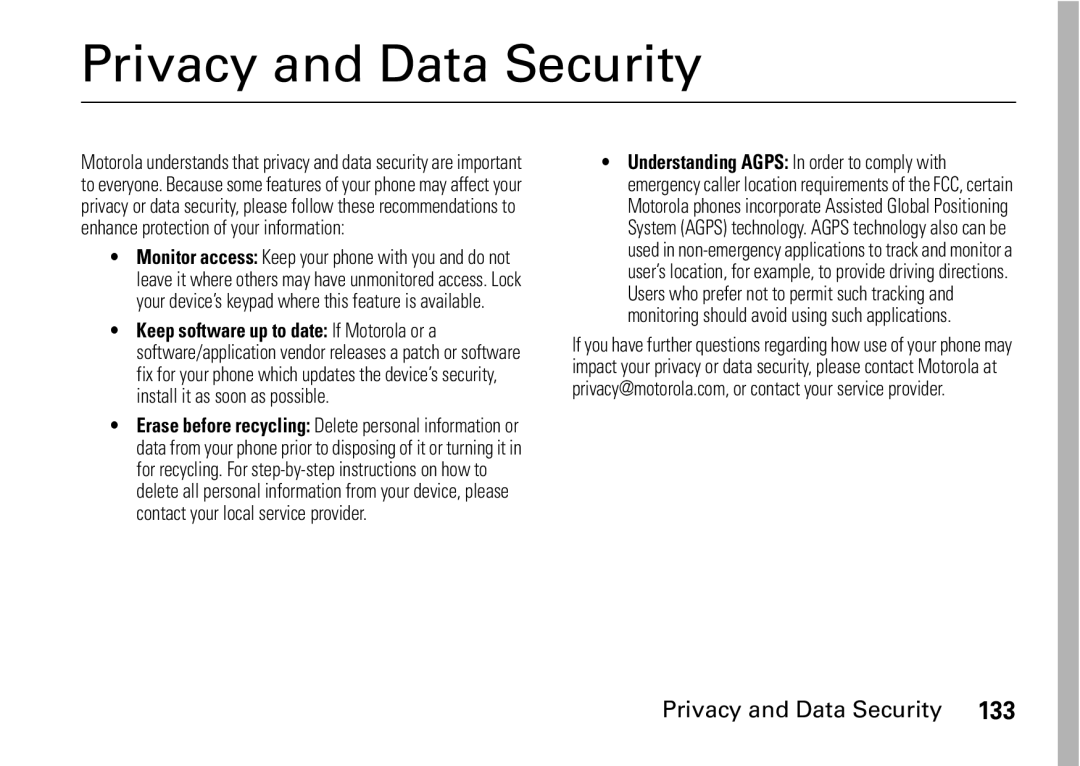 Motorola i9 manual Privacy and Data Security 