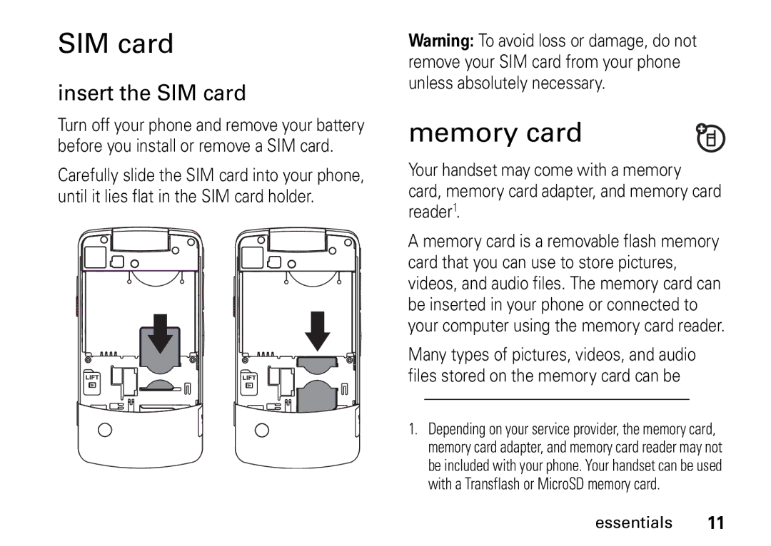 Motorola i9 manual Memory card, Insert the SIM card 