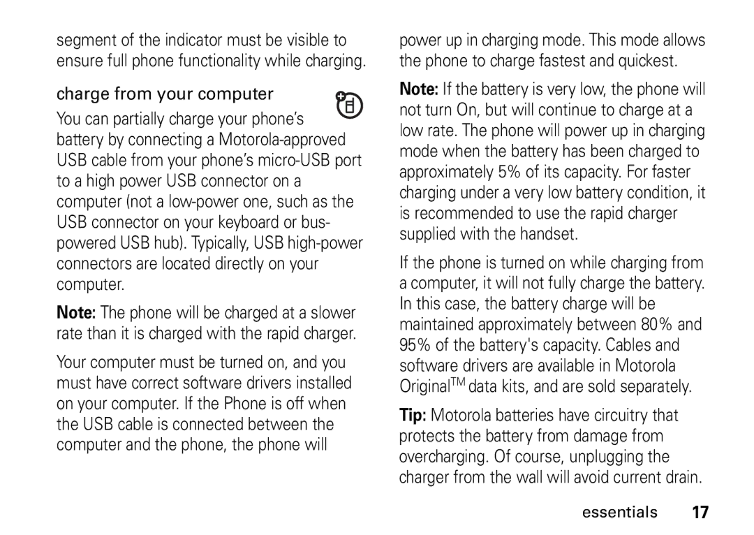 Motorola i9 manual Charge from your computer 