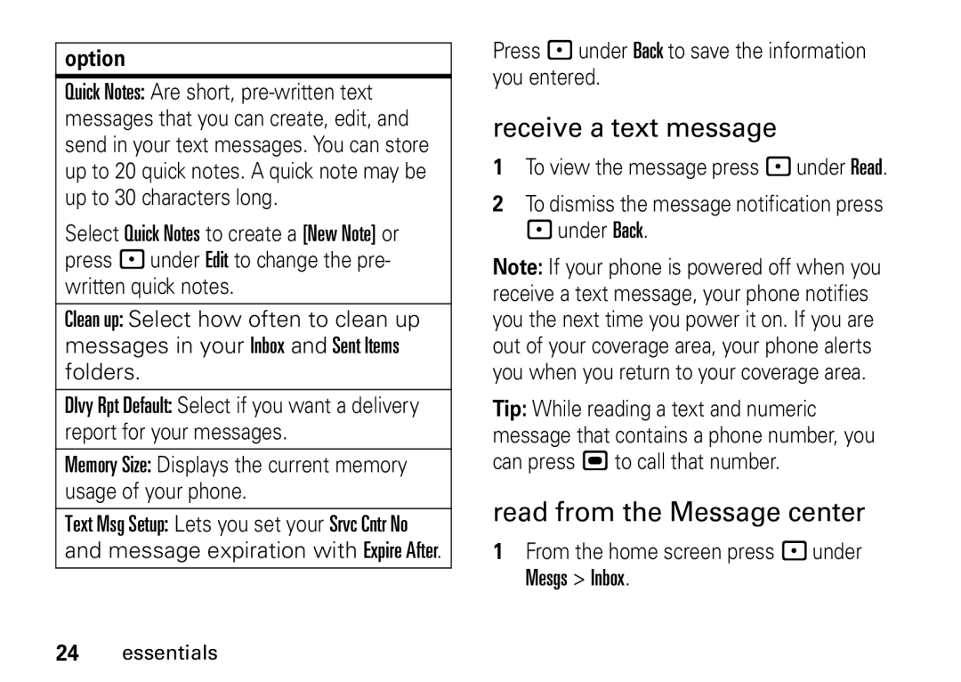 Motorola i9 Receive a text message, Read from the Message center, Press under Back to save the information you entered 