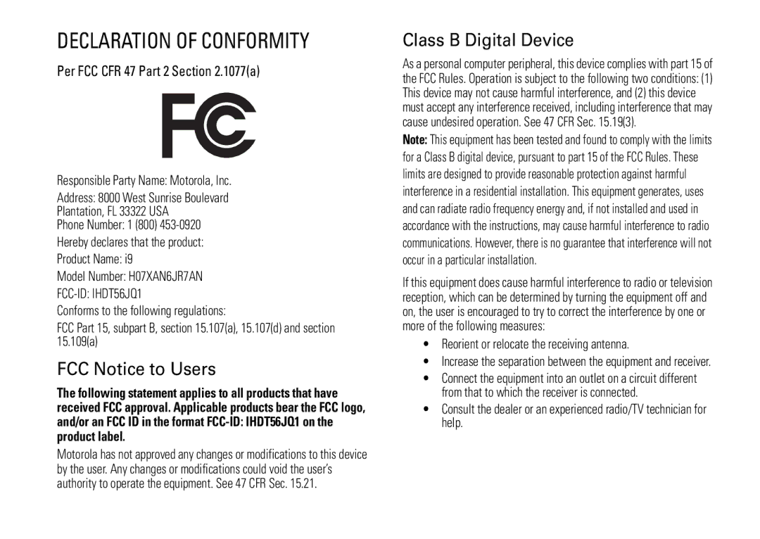 Motorola i9 manual FCC Notice to Users, Class B Digital Device 