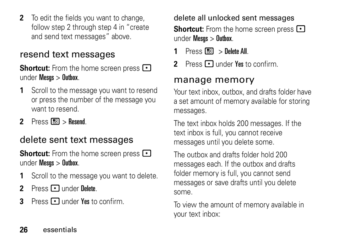 Motorola i9 manual Resend text messages, Delete sent text messages, Manage memory, Scroll to the message you want to delete 