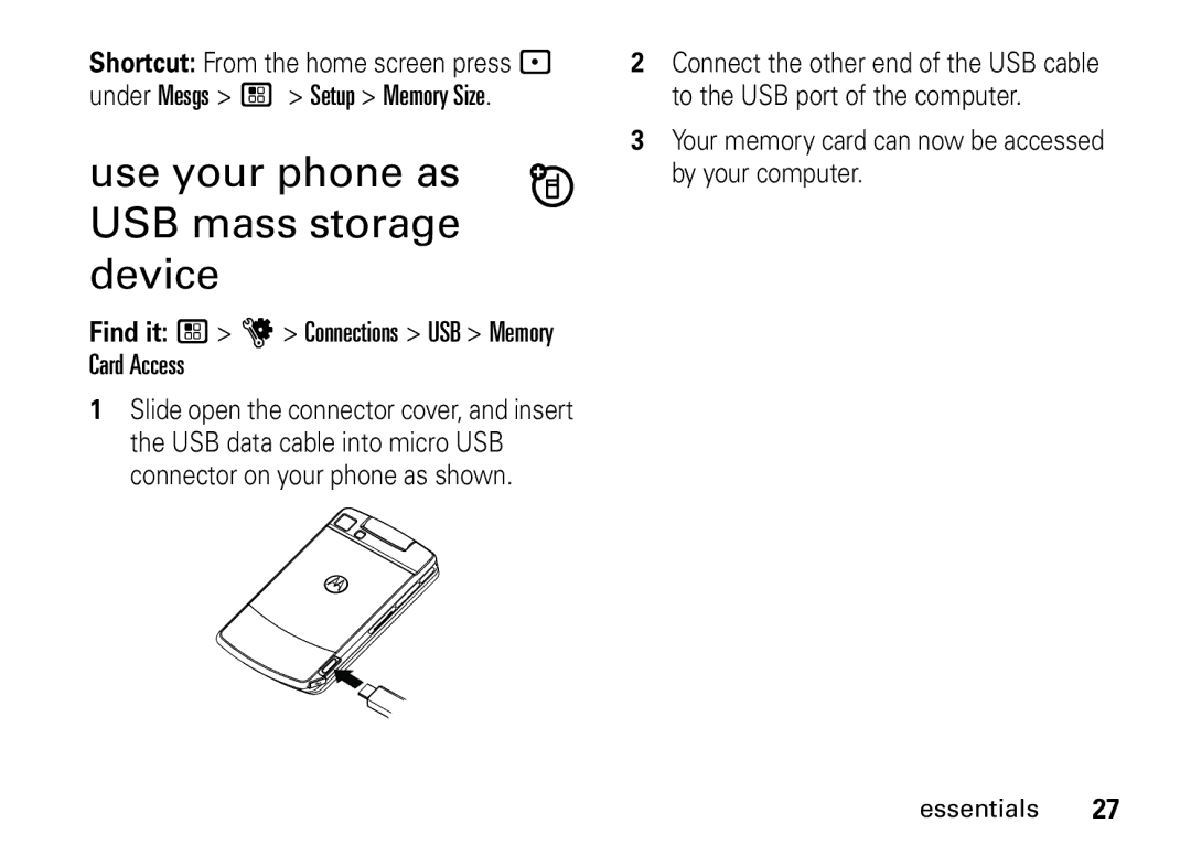 Motorola i9 manual Use your phone as USB mass storage device, Find it / u Connections USB Memory Card Access 