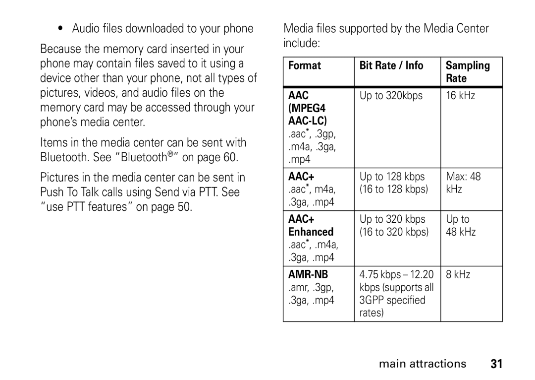 Motorola i9 manual Audio files downloaded to your phone, Media files supported by the Media Center include 