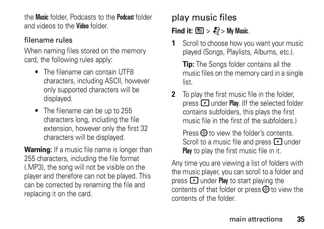 Motorola i9 manual Play music files, Filename rules, Find it / j My Music 