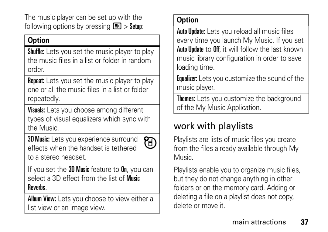 Motorola i9 manual Work with playlists, Equalizer Lets you customize the sound of the music player 