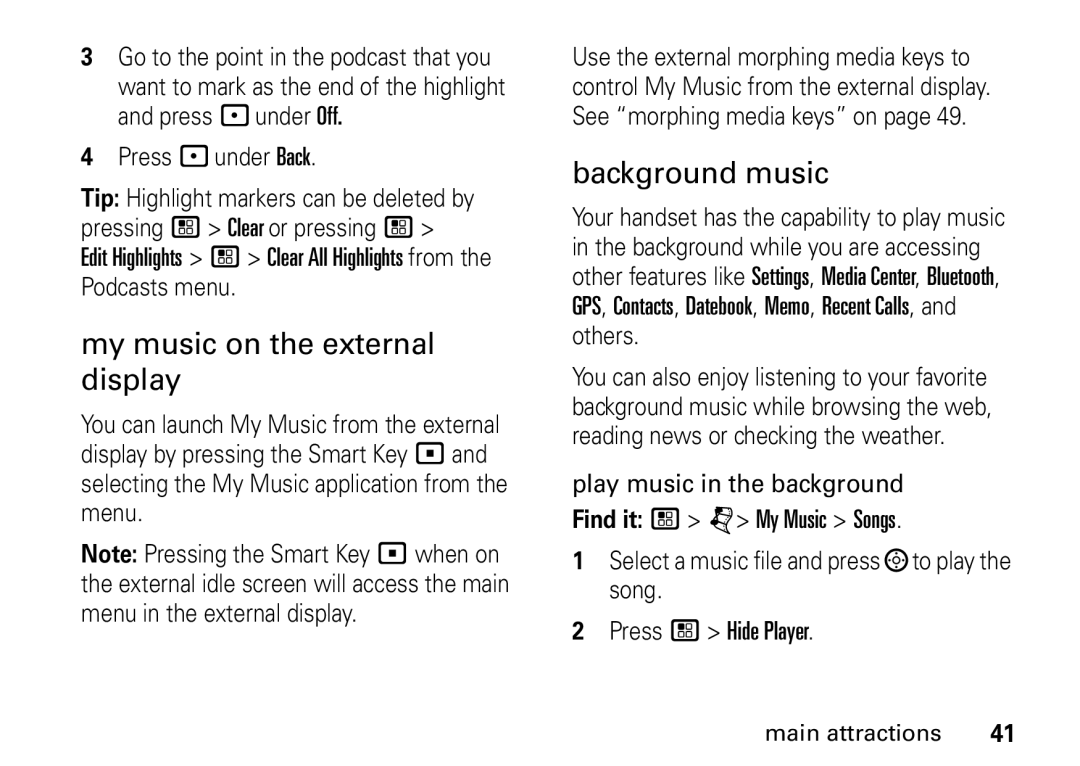 Motorola i9 manual My music on the external display, Background music 